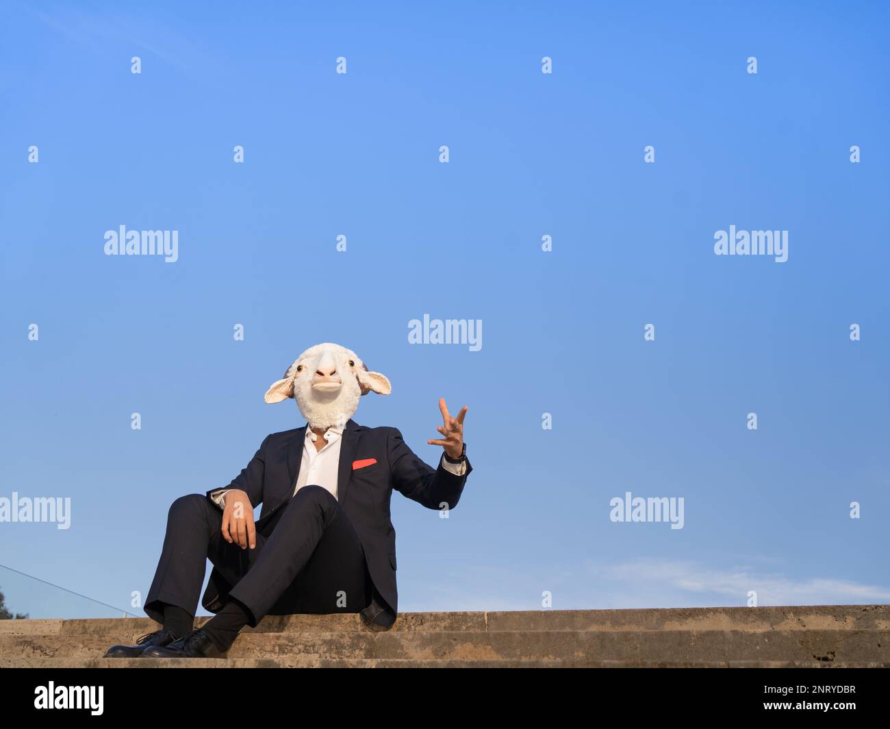 affari con la testa di pecora seduta che getta documenti in aria, spazio di copia Foto Stock