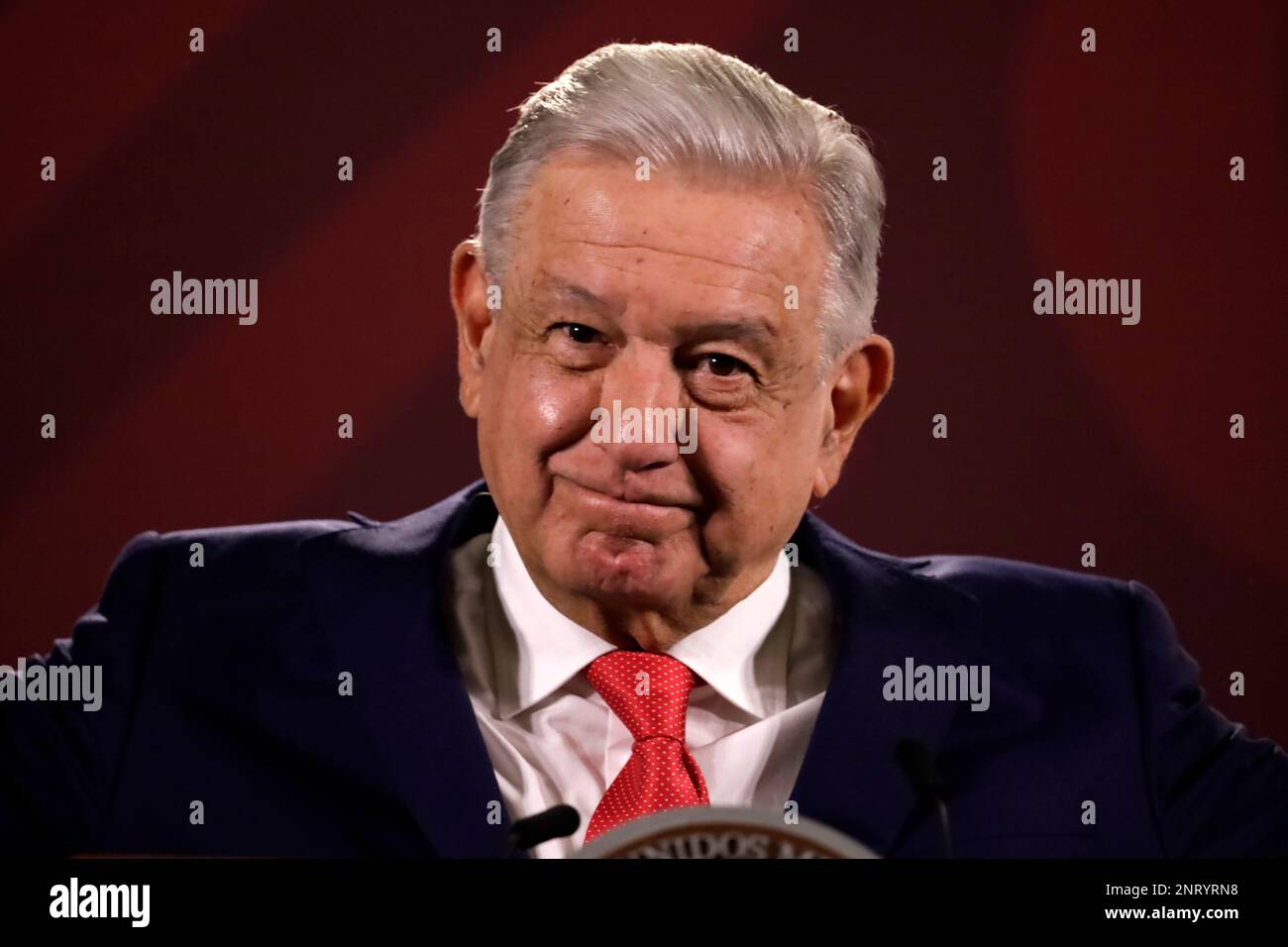 27 febbraio 2023, Città del Messico, Messico: Il presidente messicano Andres Manuel Lopez Obrador alla conferenza stampa quotidiana del mattino al Palazzo Nazionale di Città del Messico. Il 27 febbraio 2023 a Città del Messico, Messico (Foto di Luis Barron / Eyepix Group). Foto Stock