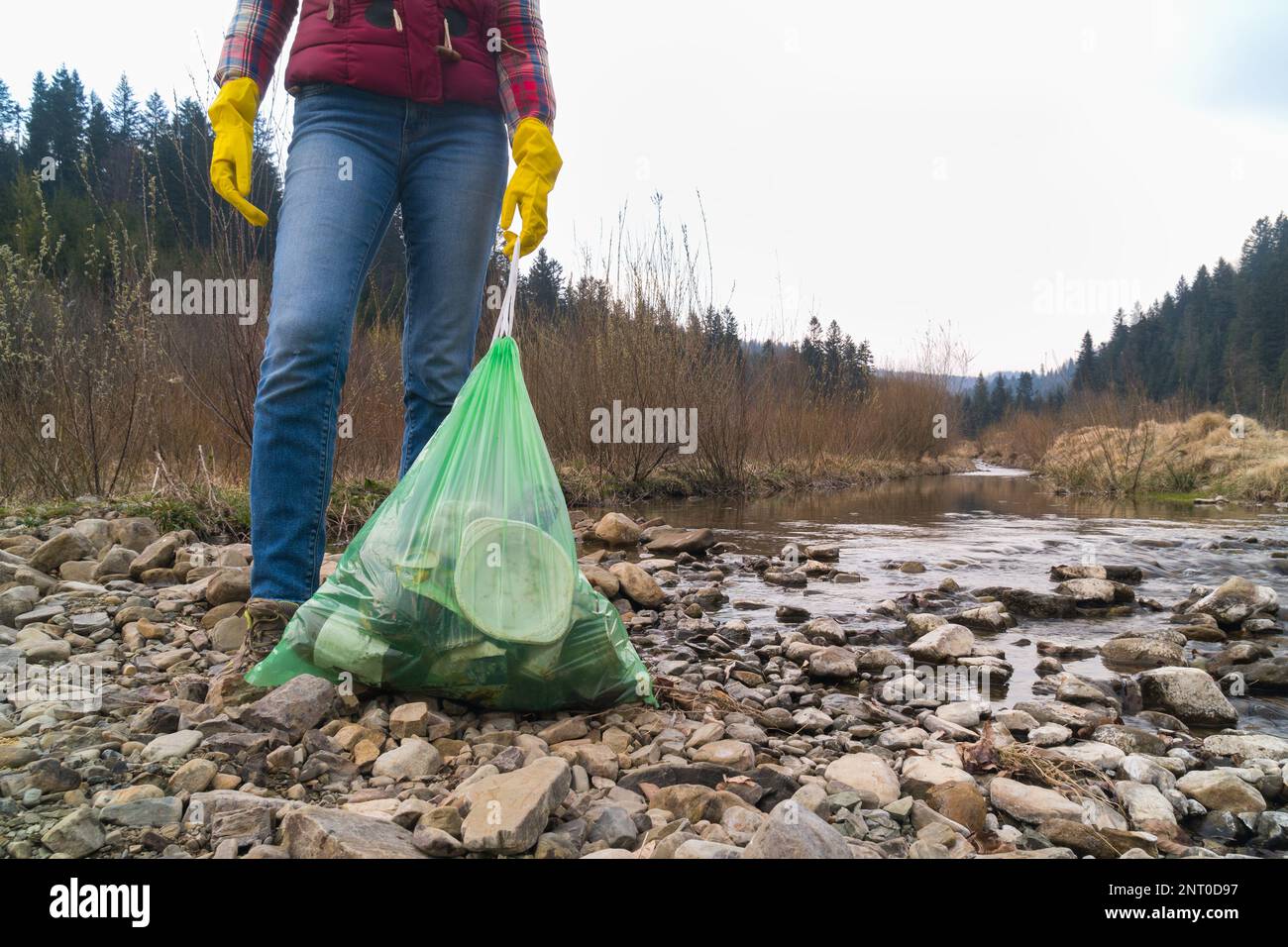 Donna con guanti gialli che raccolgono rifiuti di plastica vicino al fiume e alla foresta di montagne. Concetto di protezione ambientale. Riciclare il progetto all'esterno Foto Stock