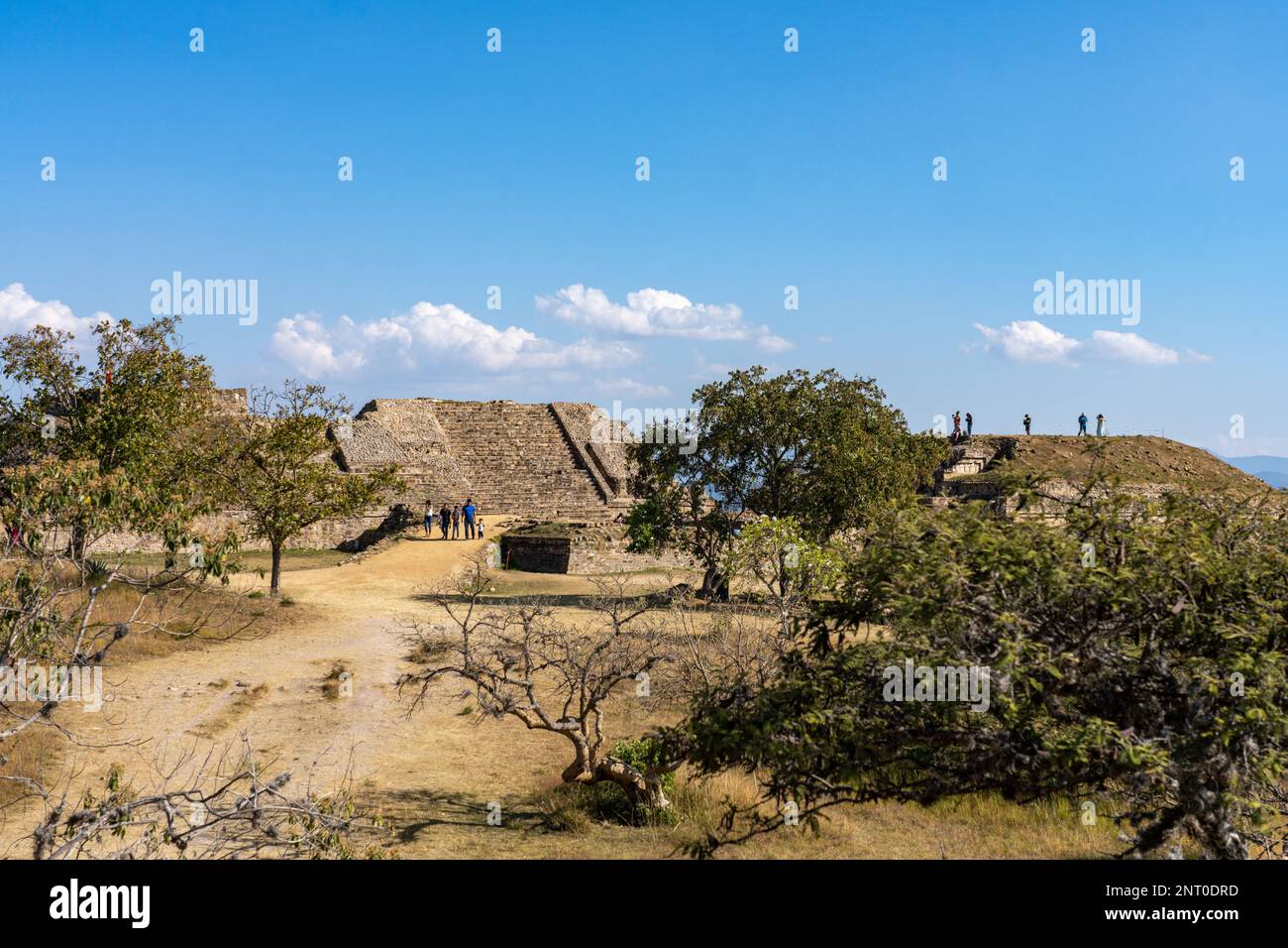 Turisti sulla piattaforma Nord nelle rovine pre-ispaniche Zapotec di Monte Alban a Oaxaca, Messico. Patrimonio dell'umanità dell'UNESCO. Foto Stock