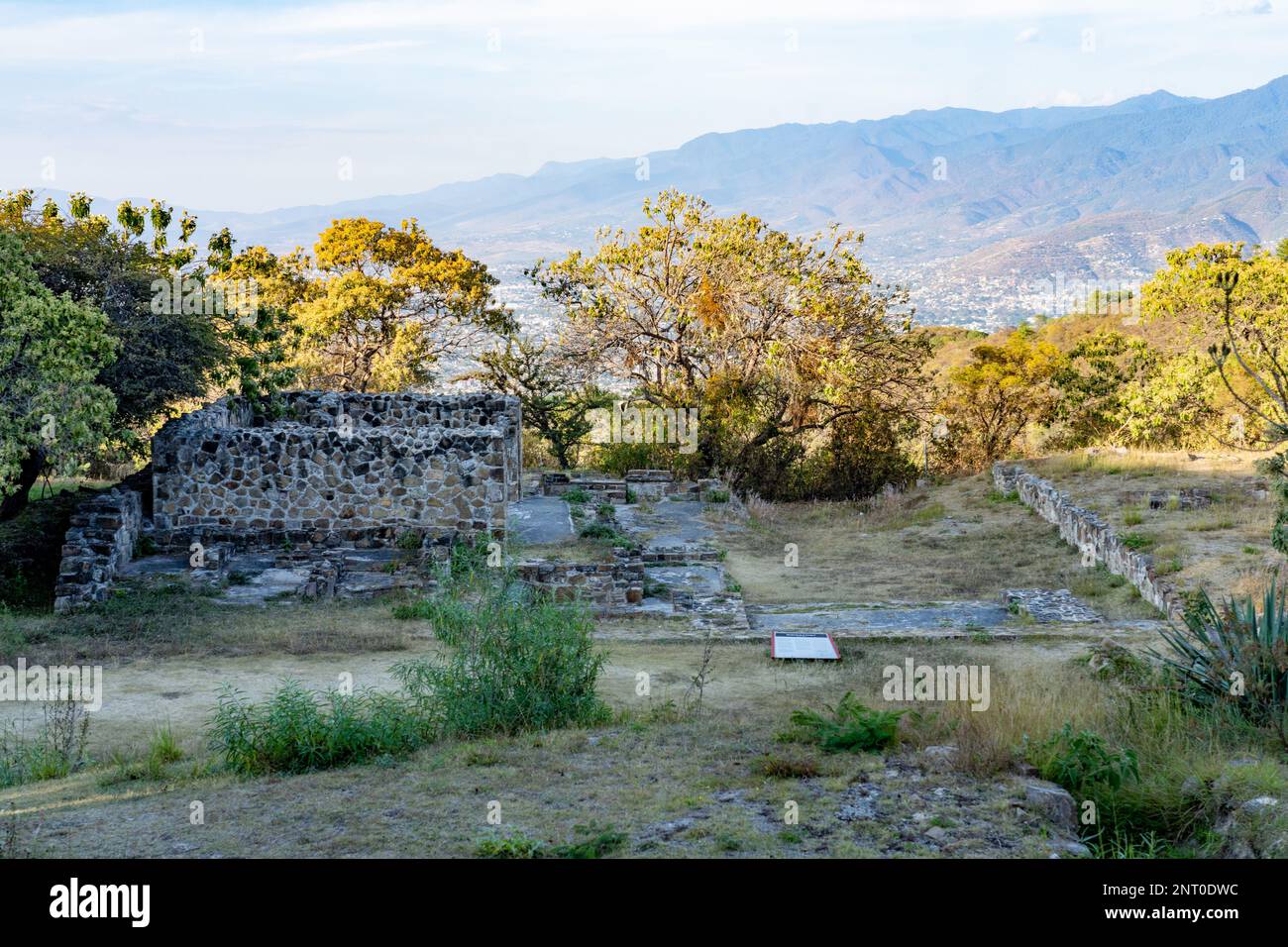 Edificio residenziale che aveva Tomba 7 sotto il suo pavimento nelle rovine pre-colombiane Zapotec di Monte Alban a Oaxaca, Messico. La tomba 7 è la più famosa Foto Stock