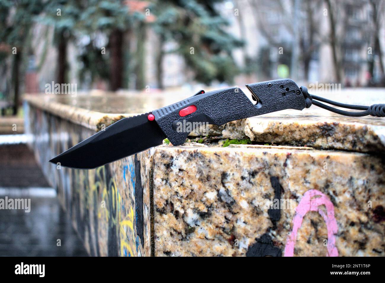 Coltello pieghevole tagliente nero manico cordino para cord marrone pietra verde erba macro Foto Stock