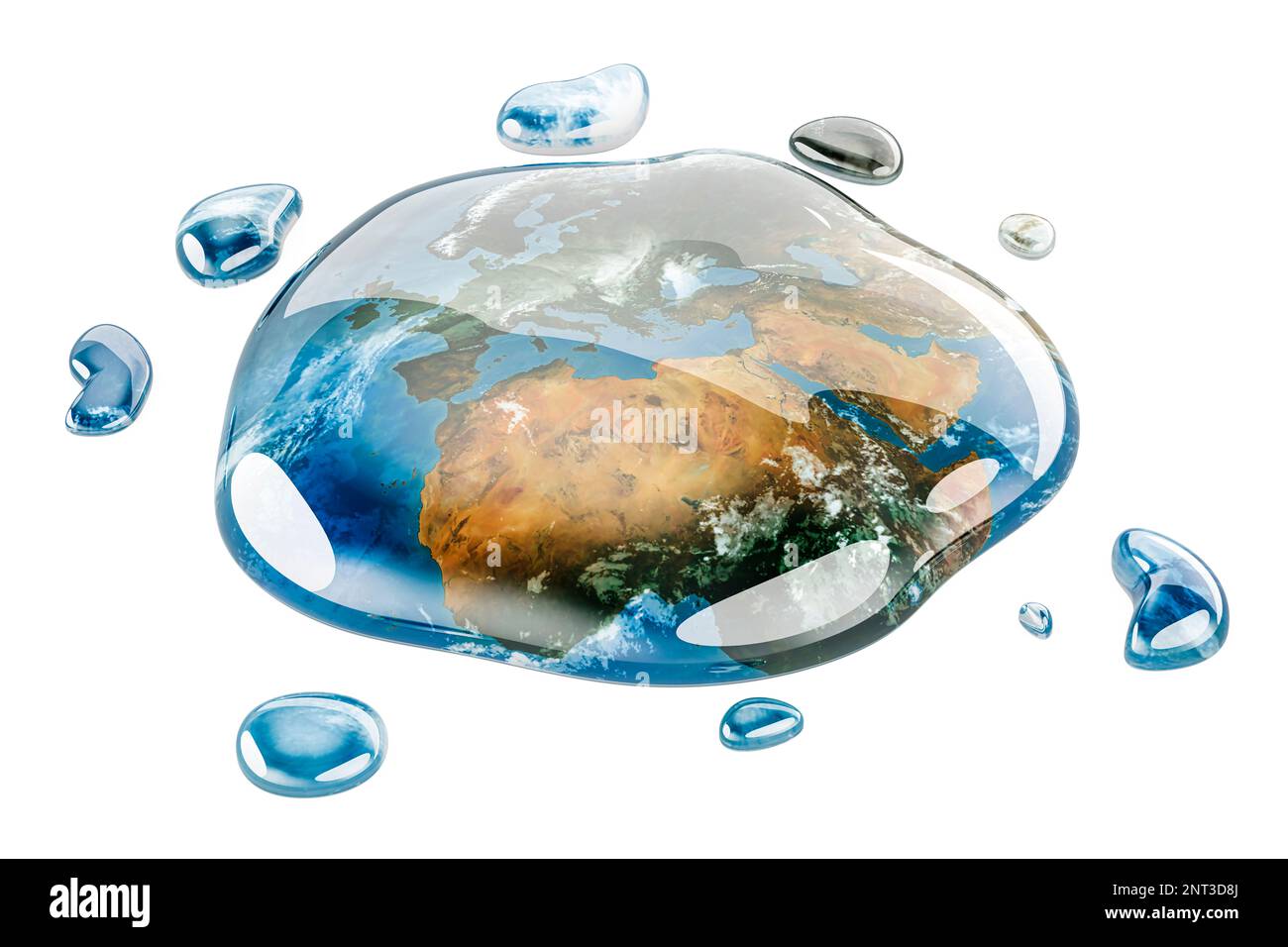 Gocce d'acqua con la trama della mappa terrestre. Concetto Save Water, rendering 3D isolato su sfondo bianco Foto Stock