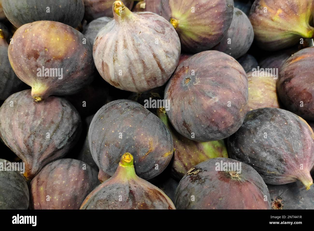 Primo piano su una pila di fichi da vendere in una bancarella del mercato. Foto Stock