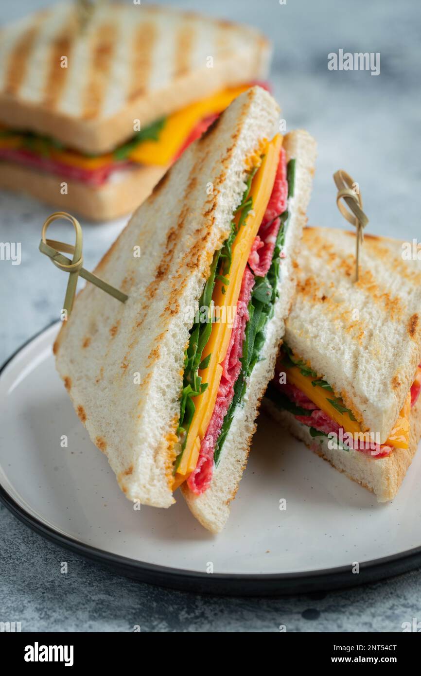 Due panini fatti in casa con salsiccia, formaggio e rucola su un fondo di cemento chiaro. Il concetto di un pasto veloce o uno spuntino al lavoro o a scuola. Foto Stock