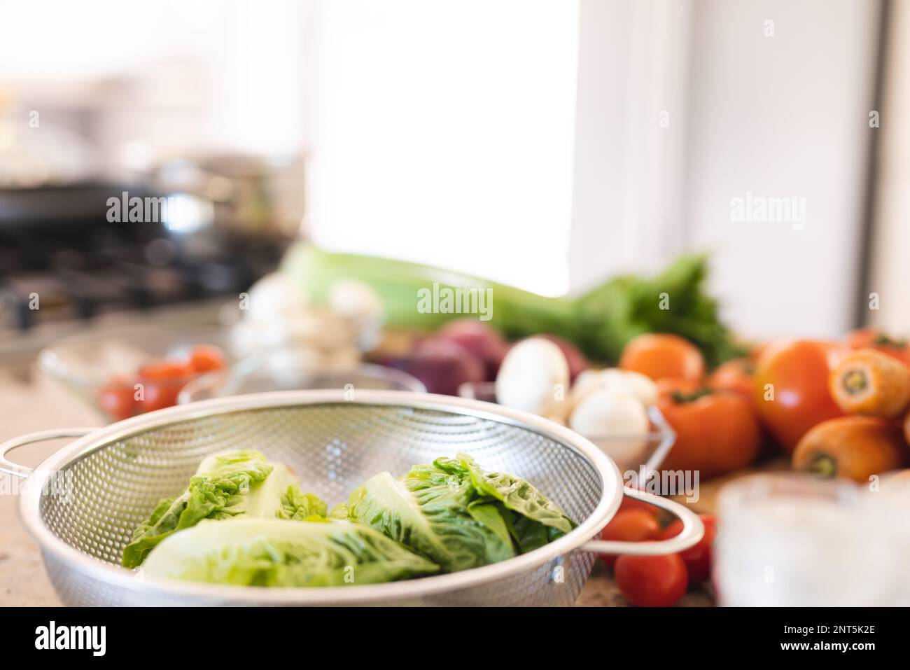 Countertop con cavolo fresco, pomodori, carote, funghi e sedano in cucina Foto Stock