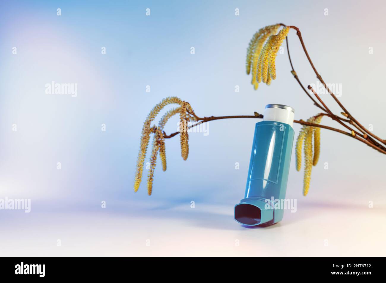 Inalatore con spray allergico di fronte ai rami di nocciolo con cetrioli e polline che possono causare allergie, sfondo azzurro, spazio copia, selezionato f Foto Stock