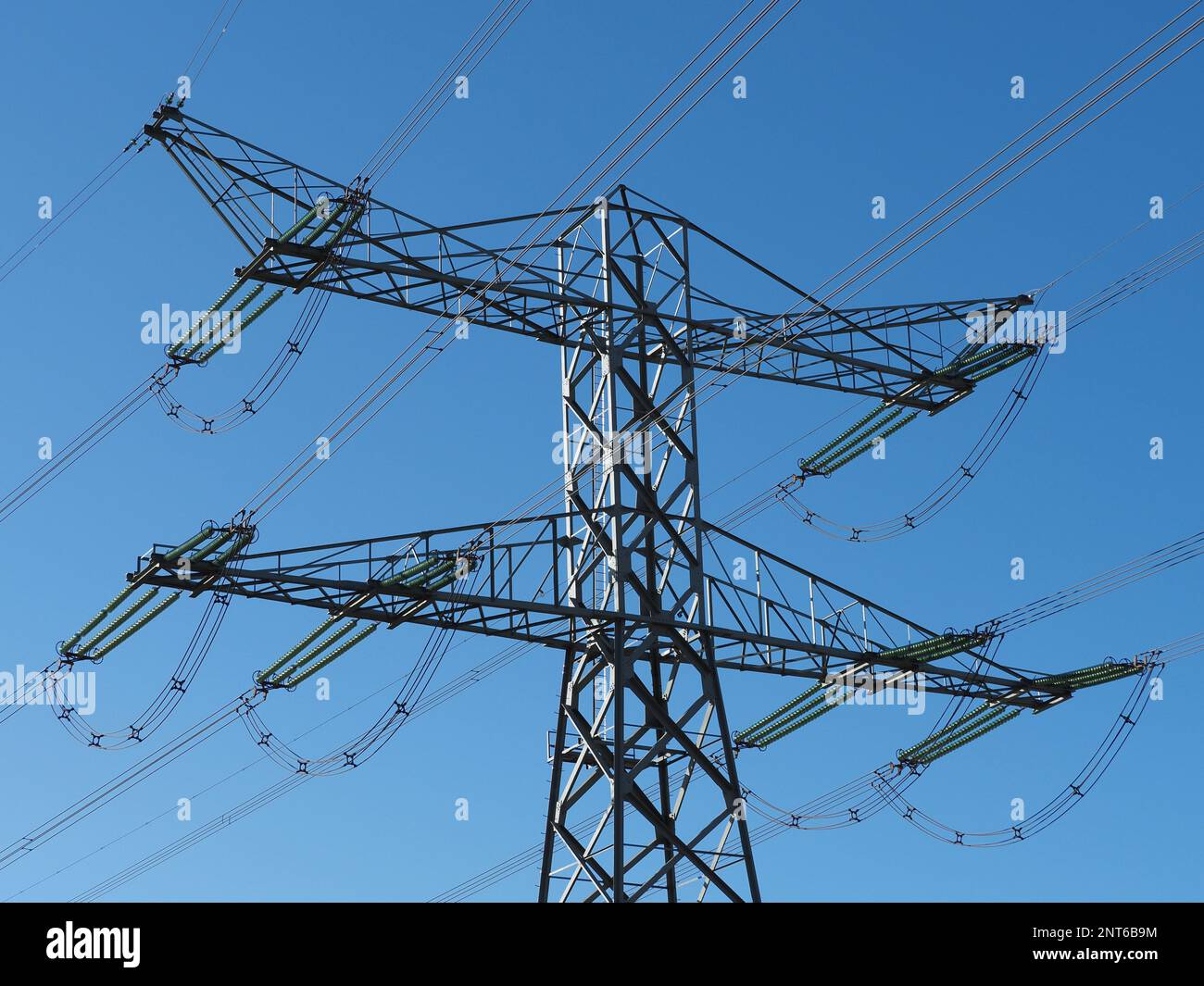 Linee elettriche ad alta tensione, torre dell'albero, closeup nella zona portuale di Rotterdam, Paesi Bassi Foto Stock
