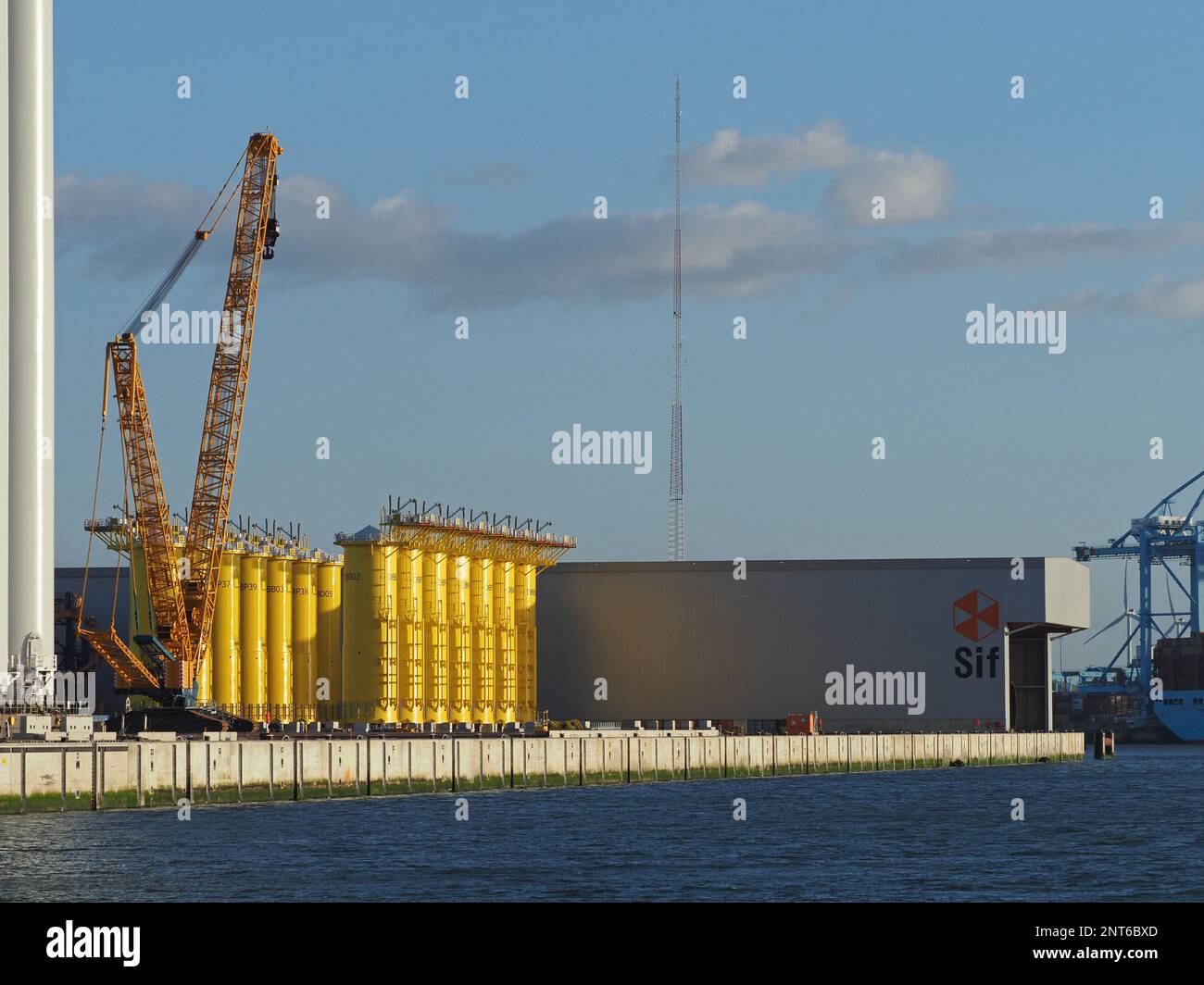 Fabbrica SIF che produce pezzi per fattorie a vento in mare, di dimensioni enormi. Le parti gialle sono parti di fondazione del mulino a vento. Maasvlakte 2, Porto di Foto Stock