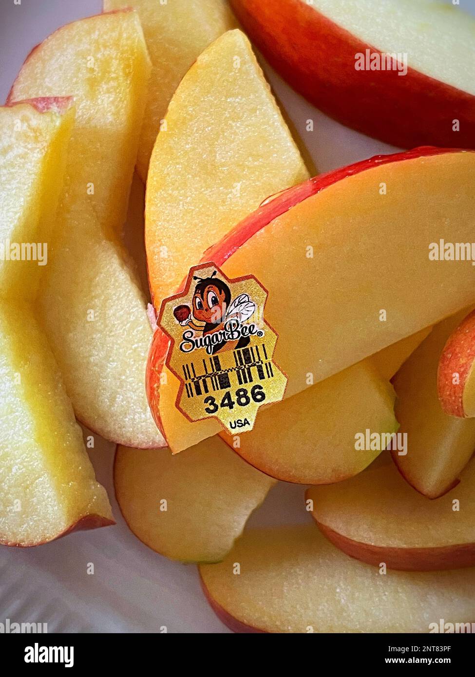 Primo piano di fette di mela rossa matura Sugar Bee, 2023, USA Foto Stock