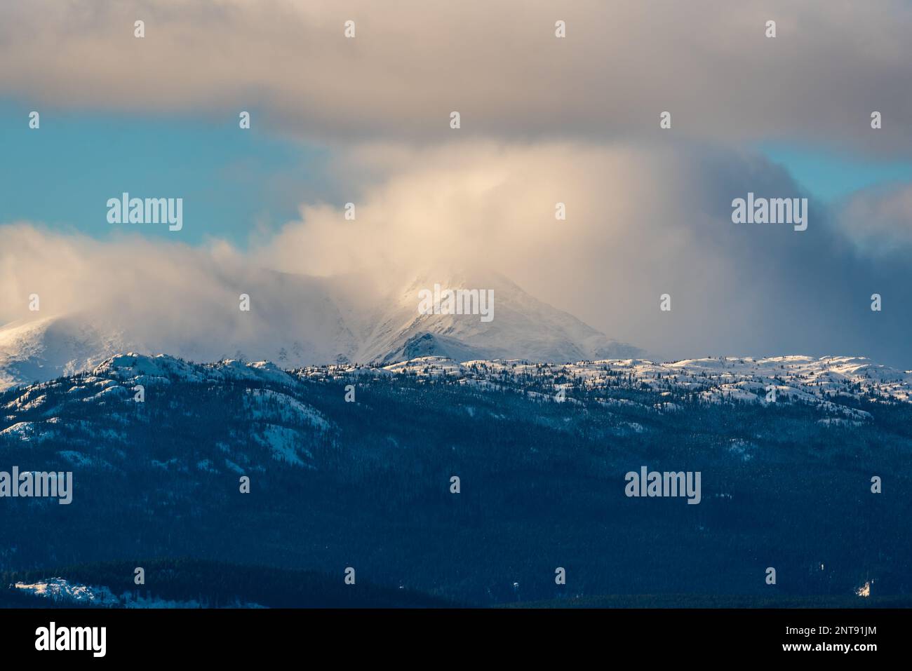 In inverno, vista sulla natura selvaggia del lago Marsh al di fuori di Whitehorse nel territorio dello Yukon, con acqua ghiacciata e montagne innevate. Foto Stock