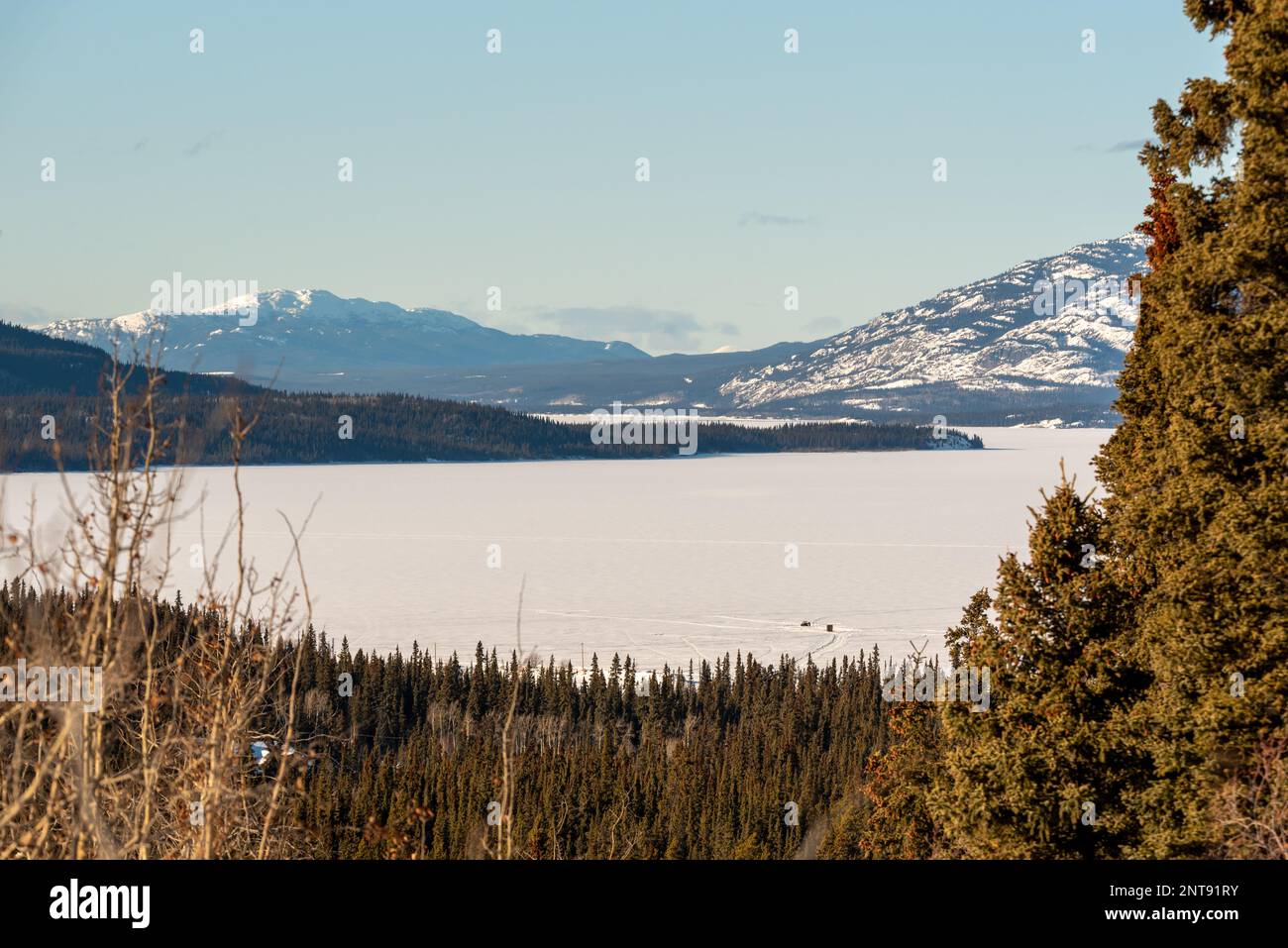 In inverno, vista sulla natura selvaggia del lago Marsh al di fuori di Whitehorse nel territorio dello Yukon, con acqua ghiacciata e montagne innevate. Foto Stock