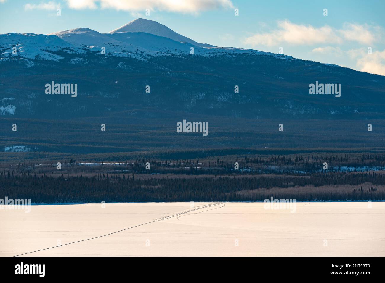 In inverno, vista sulla natura selvaggia del lago Marsh al di fuori di Whitehorse nel territorio dello Yukon, con acqua ghiacciata e montagne innevate. Foto Stock
