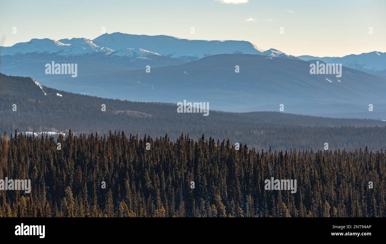 In inverno, vista sulla natura selvaggia del lago Marsh al di fuori di Whitehorse nel territorio dello Yukon, con acqua ghiacciata e montagne innevate. Foto Stock