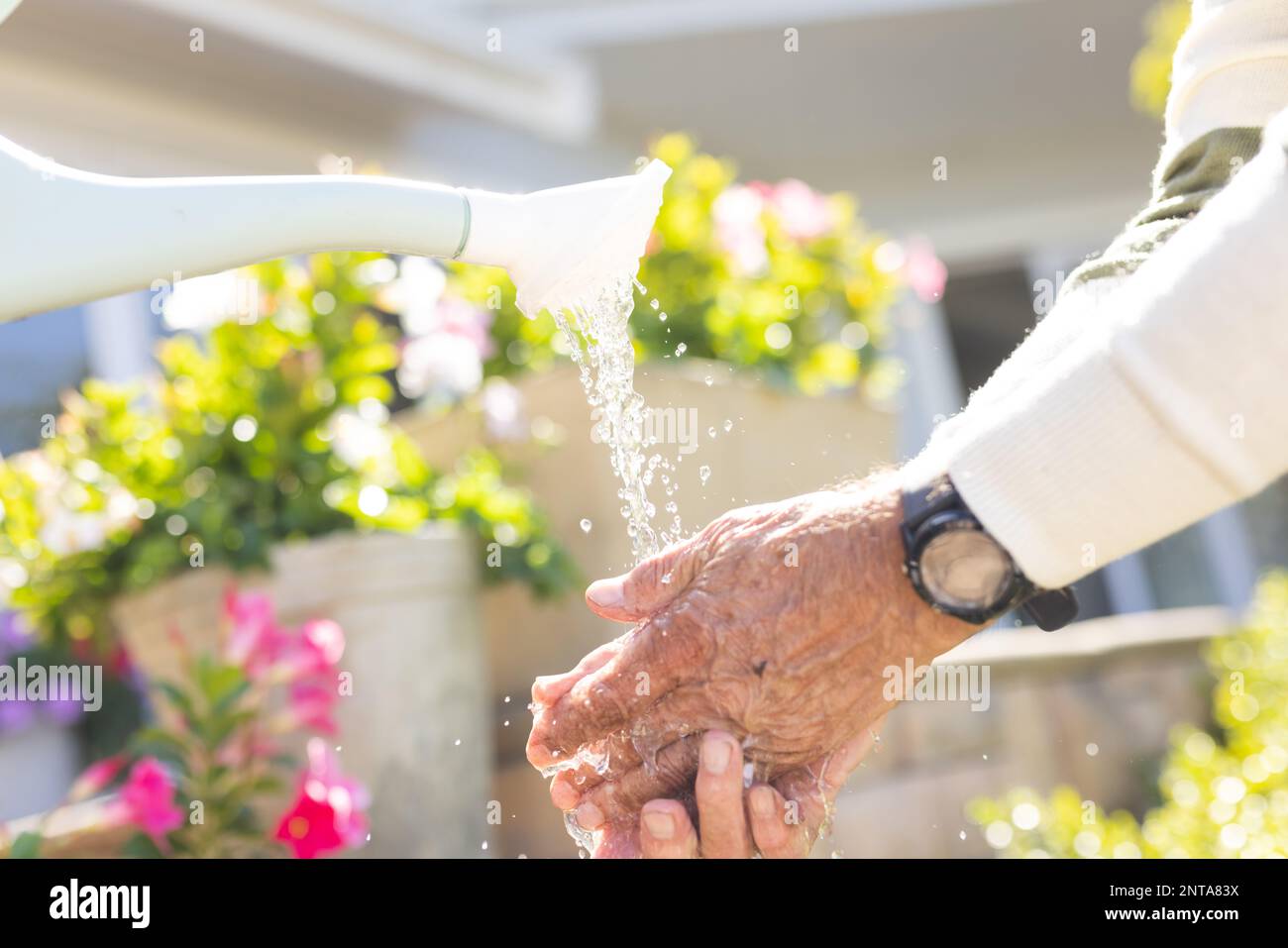 Sezione centrale dell'uomo caucasico maggiore che pulisce le mani in giardino Foto Stock