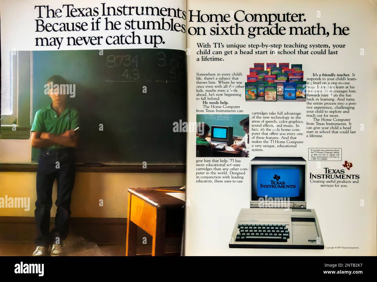 Texas Instruments Home computer pubblicità in una rivista NatGeo, novembre 1983 ti sistema di insegnamento pubblicità. Foto Stock
