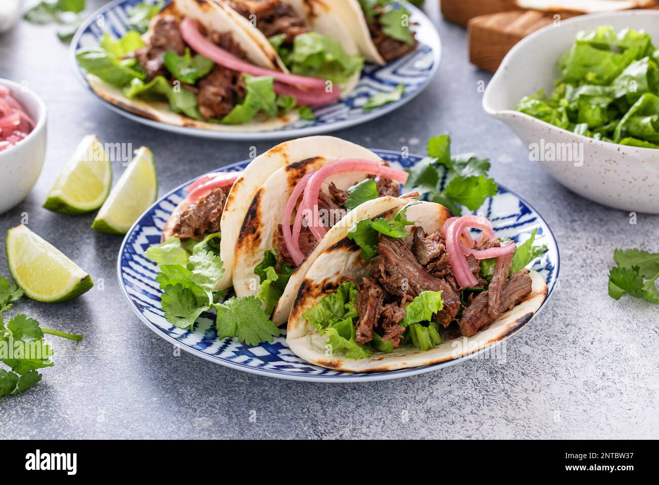 Tacos di manzo con cipolla rossa marinata e coriandolo fresco Foto Stock