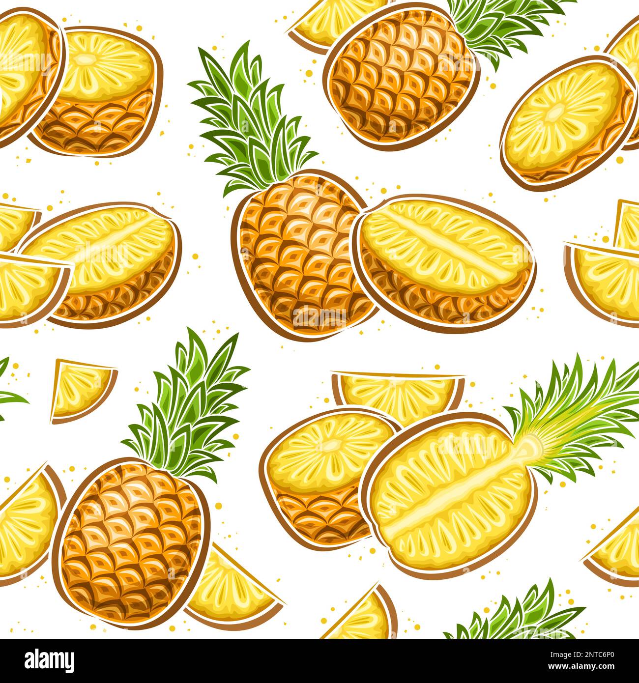 Vector ananas senza cuciture modello, quadrato sfondo ripetizione con illustrazione di ananas fermo vita con foglie verdi per carta da imballaggio, gruppo di f Illustrazione Vettoriale