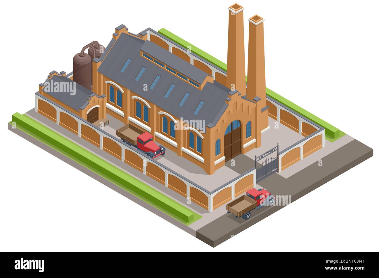 Impianto industriale isometrico, stabilimento. Edificio vintage. Vecchia fabbrica di birra o vecchia fabbrica Illustrazione Vettoriale