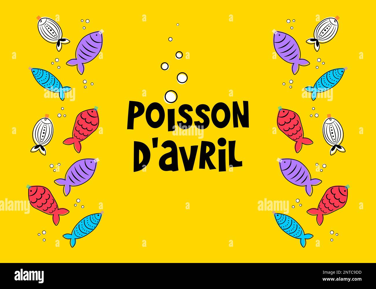 Francese Fool's Day di aprile. Poisson d'avril. Poster dei cartoni animati sullo sfondo colorato. Illustrazione vettoriale Illustrazione Vettoriale