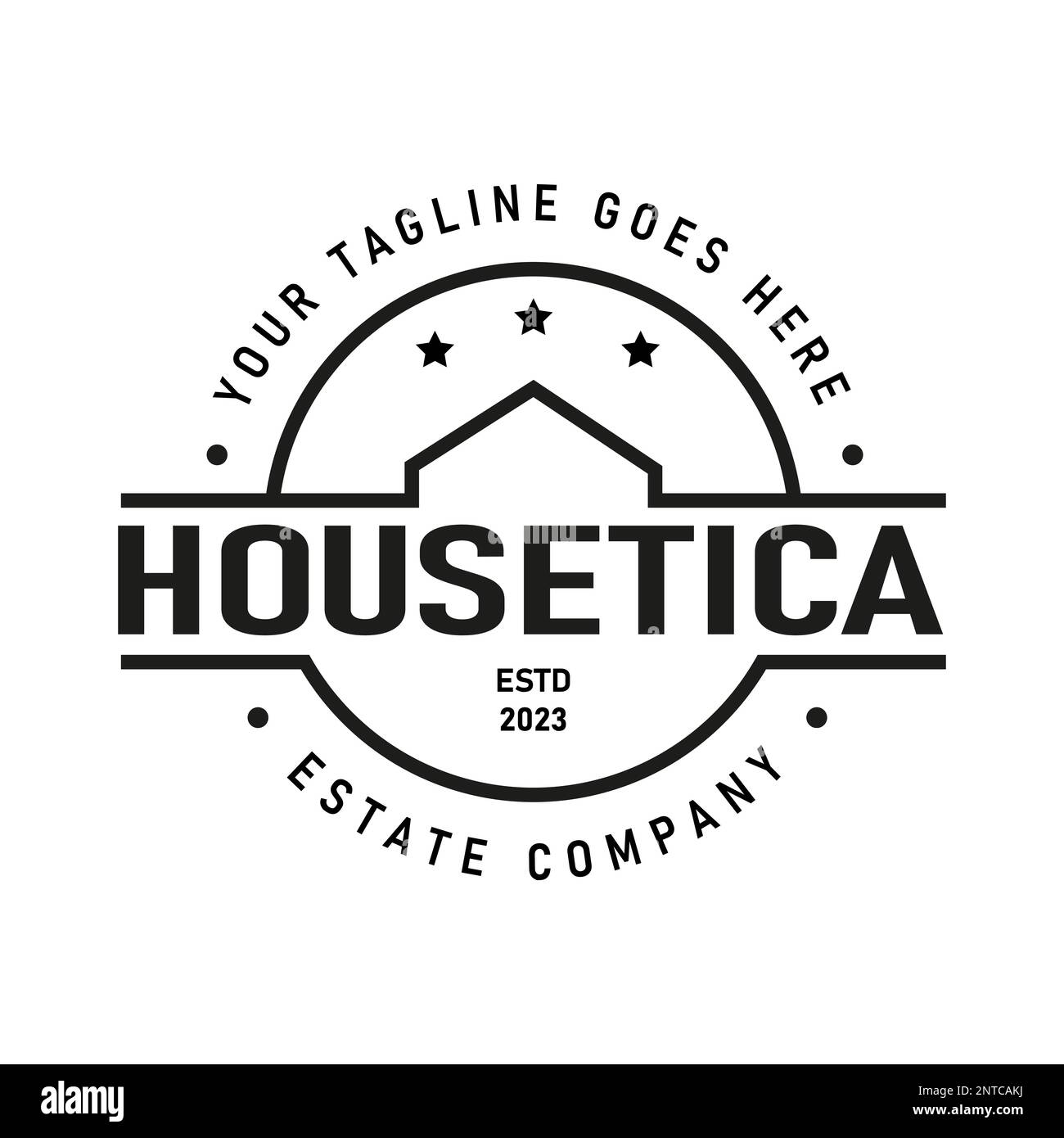 Real Estate emblema casa cerchio tetto logo con stelle icona. Logo dell'alloggiamento. Illustrazione vettoriale. Illustrazione Vettoriale