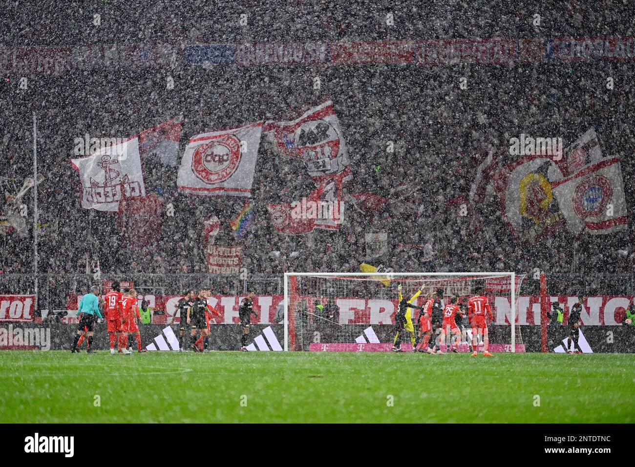 Partita di calcio della Bundesliga durante la guida della neve, curva sud, blocco tifosi, Allianz Arena, Monaco, Bayern, Germania Foto Stock