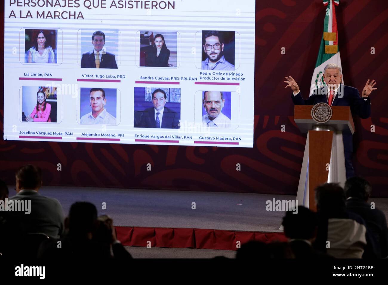 Non esclusiva: 27 febbraio 2023, Città del Messico, Messico: Il presidente messicano Andres Manuel Lopez Obrador alla conferenza stampa quotidiana al mattino presso i nati Foto Stock