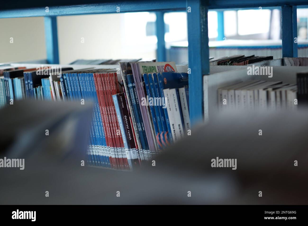 Scaffali di ferro con libri di apprendimento nella biblioteca della scuola Foto Stock