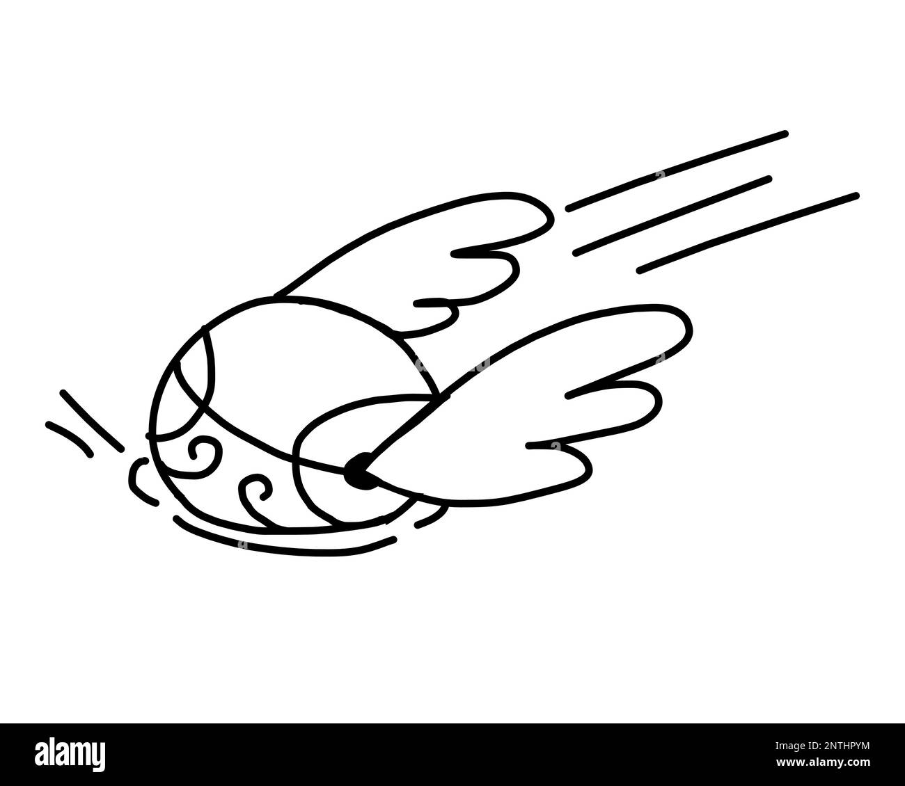 Snitch Magic Ball con ali che cadono. Illustrazione vettoriale in stile doodle contorno isolato su sfondo bianco. Illustrazione Vettoriale