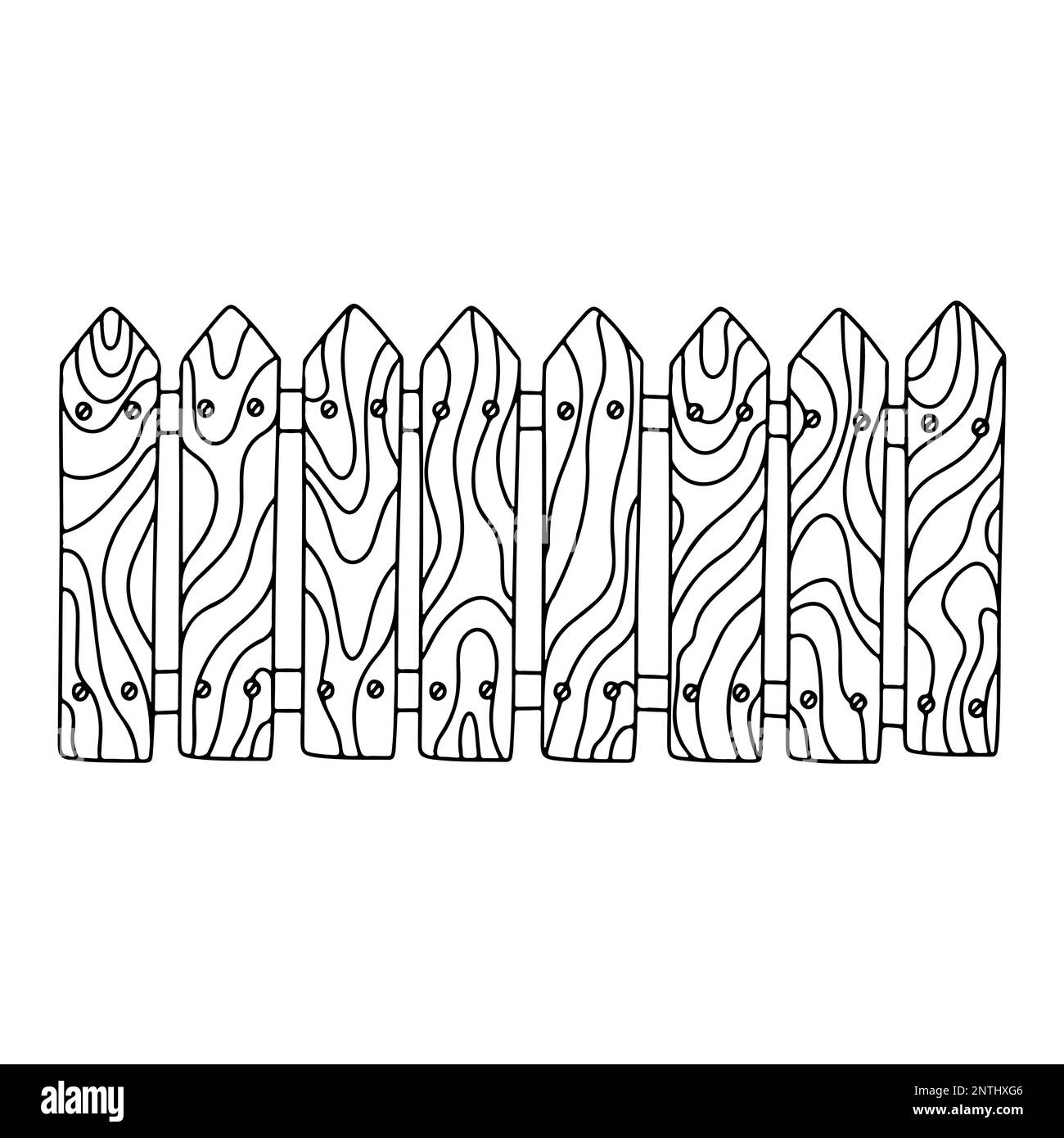 Recinzione di legno nello stile di disegno del doodle disegnato a mano. Illustrazione vettoriale isolata su sfondo bianco. Perfetto per la fattoria, temi di buona pasqua. Illustrazione Vettoriale