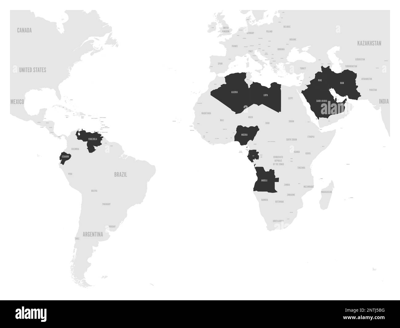 OPEC, Organizzazione dei paesi esportatori di petrolio. Mappa mondiale con gli stati membri evidenziati in nero dal 2017. Illustrazione vettoriale. Illustrazione Vettoriale