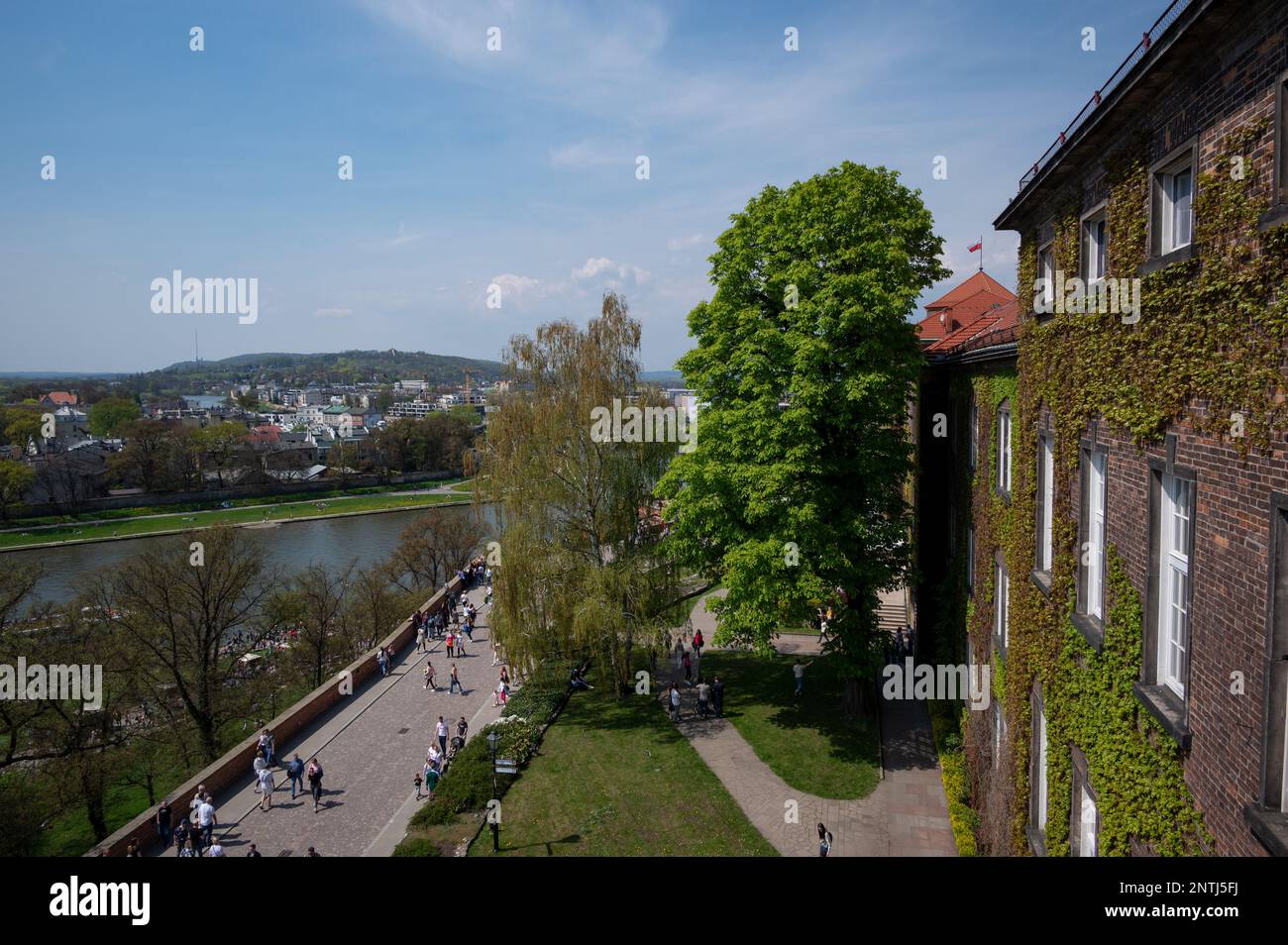 Vista aerea delle pittoresche mura del castello di Wawel, il sito più importante dal punto di vista storico e culturale nel centro di Kraków, in Polonia. Foto Stock