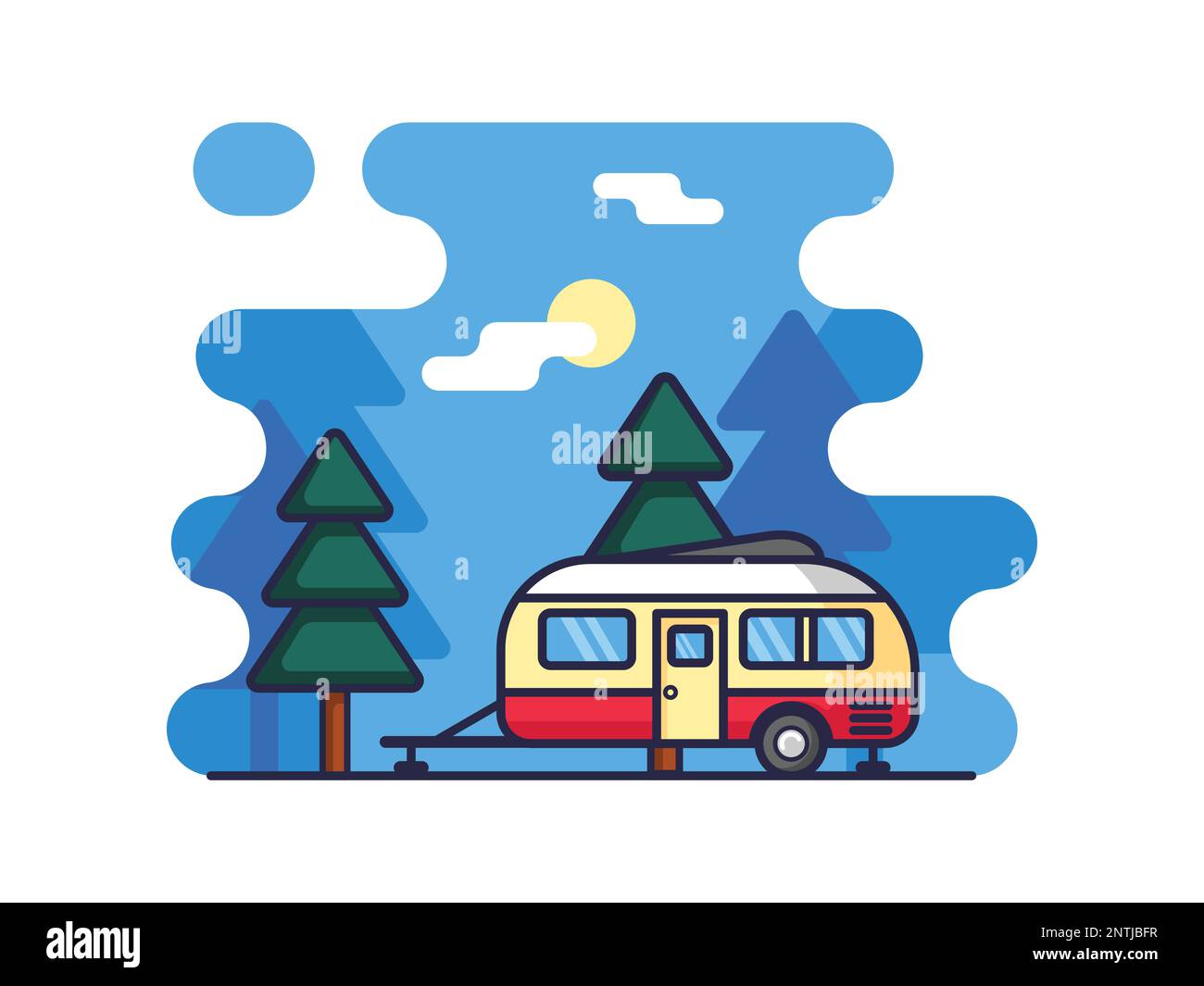 Illustrazione di Caravan, Camper, viaggio estivo. Icona isolata su sfondo bianco. Illustrazione Vettoriale