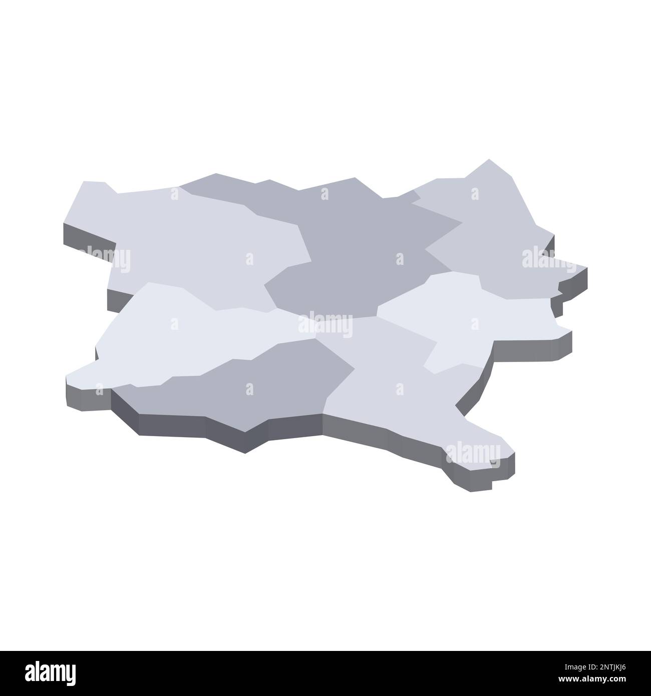 Mappa politica del Kosovo delle divisioni amministrative - distretti. Mappa vettoriale vuota isometrica 3D in tonalità di grigio. Illustrazione Vettoriale