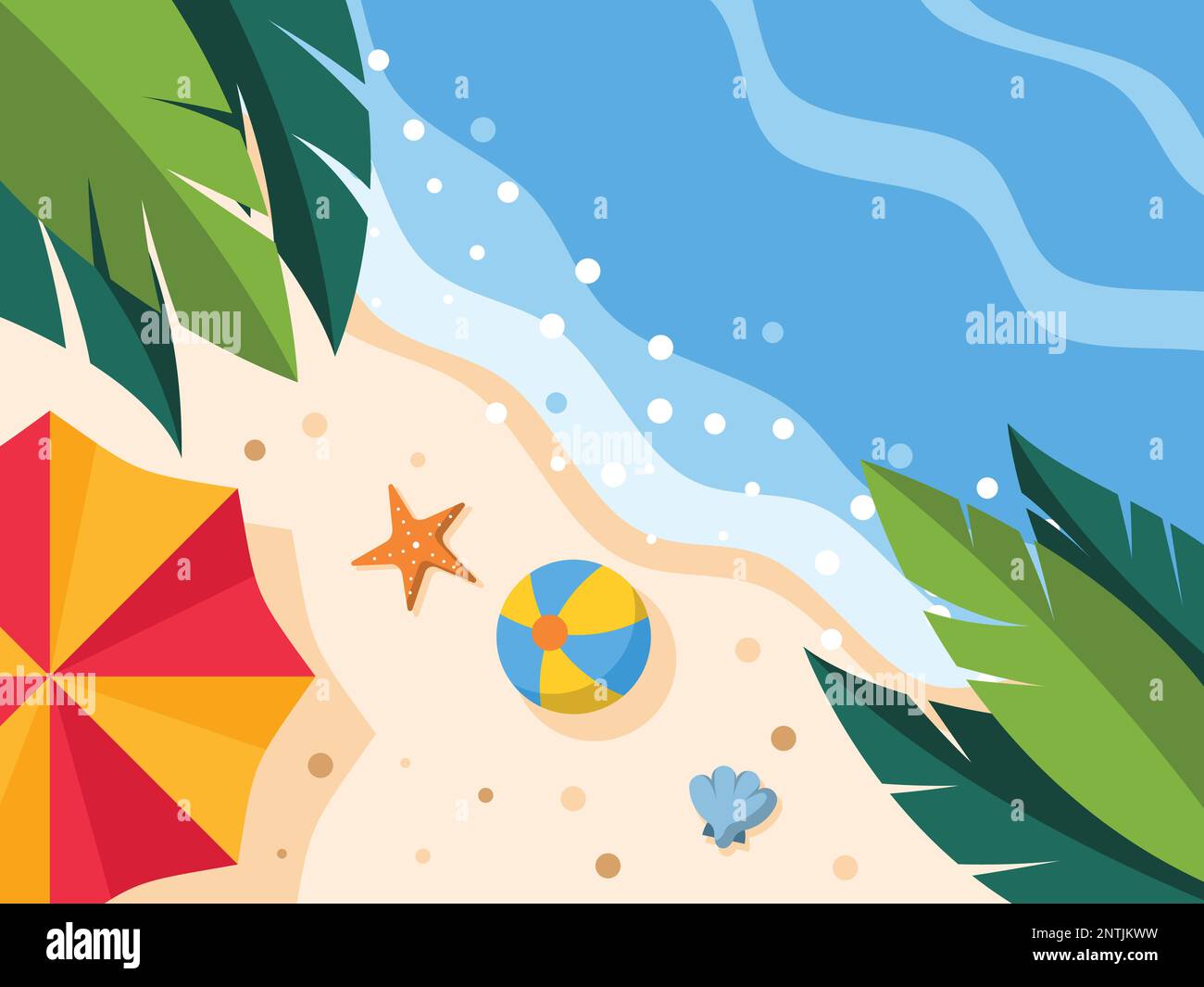 Illustrazione della vacanza estiva della spiaggia Vista superiore con ombrello, palla da spiaggia, e stelle marine Flat Vector Illustrazione sfondo. Illustrazione Vettoriale