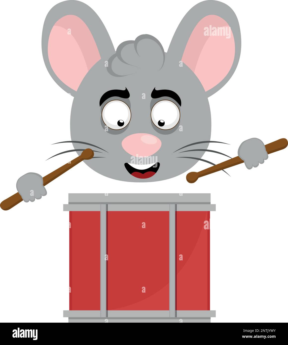 immagine vettoriale faccia di un mouse cartoon con bacchette in mani che suonano un tamburo Illustrazione Vettoriale