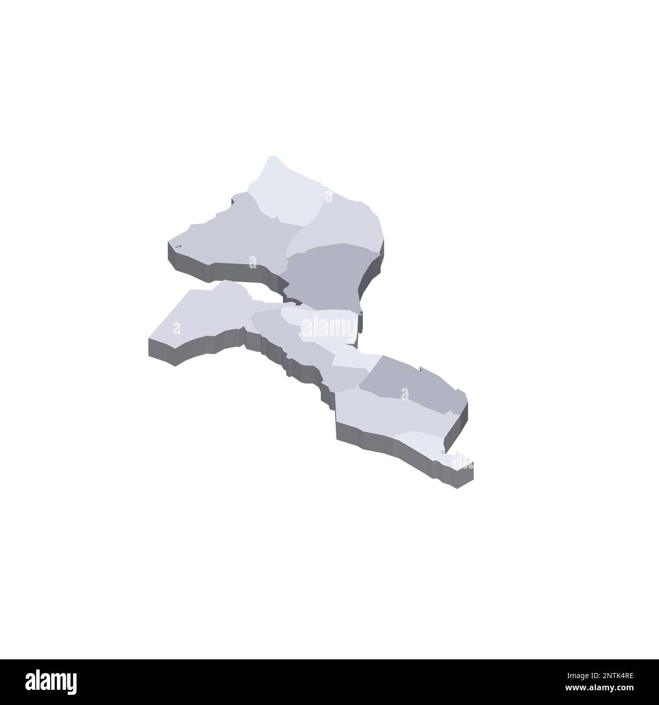 Mozambico mappa politica delle divisioni amministrative - province e capitale di Maputo. Mappa vettoriale vuota isometrica 3D in tonalità di grigio. Illustrazione Vettoriale