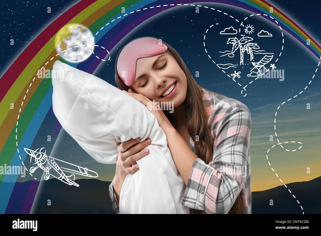 Bella donna sognando di vacanza mentre dorme, notte cielo stellato sullo sfondo Foto Stock