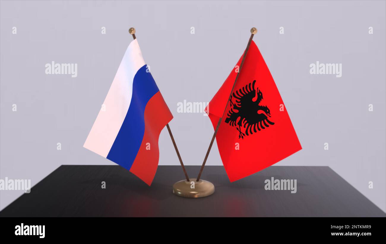 Bandiera nazionale dell'Albania e della Russia, incontro d'affari o accordo diplomatico. Accordo politico 3D illustrazione. Foto Stock