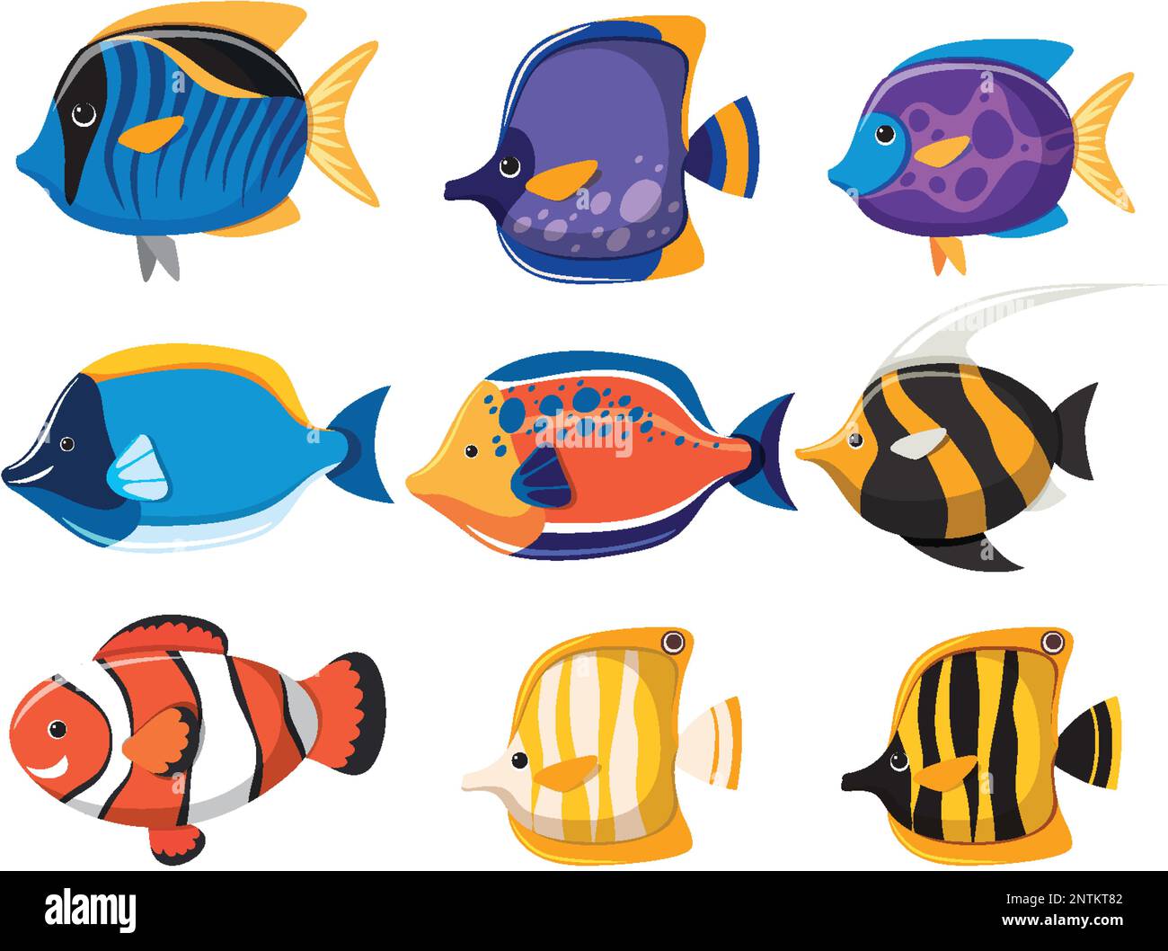 Set di colorati cartoni animati di pesce d'acqua salata semplice illustrazione di stile Illustrazione Vettoriale