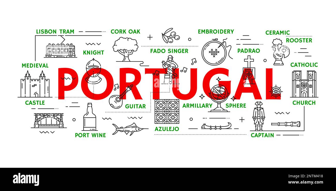 Portogallo icone di viaggio di Lisbona e simboli vettoriali del turismo portoghese. Il Portogallo viaggia e visita le icone del tram, dei castelli e del gallo di Lisbona, della cultura, della tradizione e dell'arte azulejo Illustrazione Vettoriale