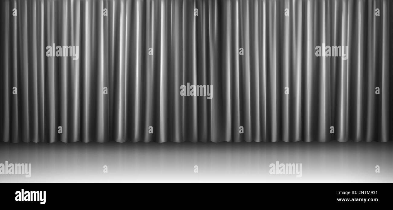 Sfondo realistico del pavimento del palco con illustrazione vettoriale della tenda in seta argento. Telo in tessuto nero con disegno interno drappo per teatro. Materiale satinato in scala di grigi scuro per presentazioni o pubblicità. Illustrazione Vettoriale
