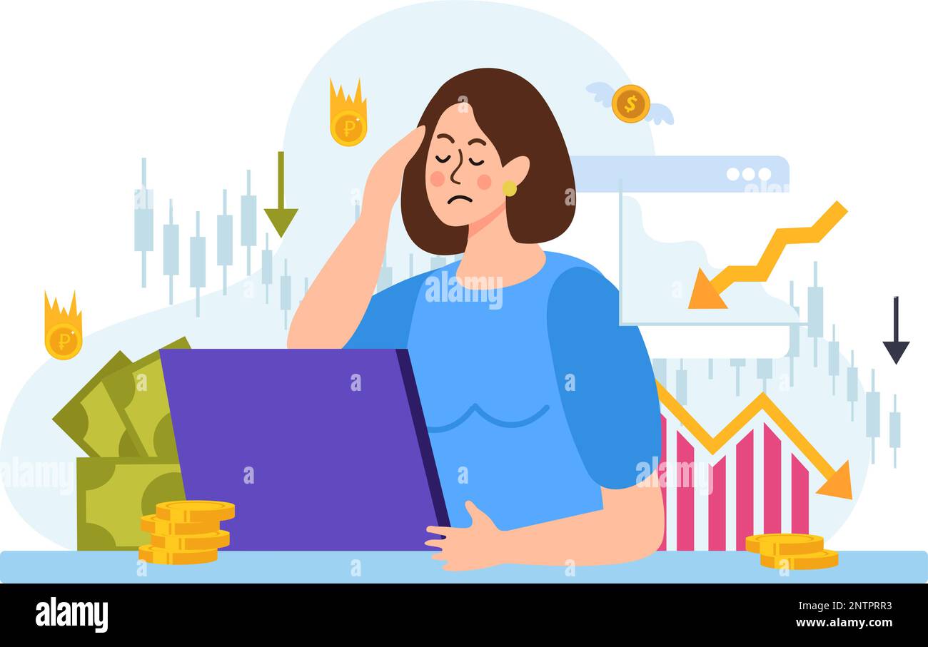 Composizione di crisi economica piatta con frecce giù simboli di denaro e donna con problemi finanziari vettore illustrazione Illustrazione Vettoriale