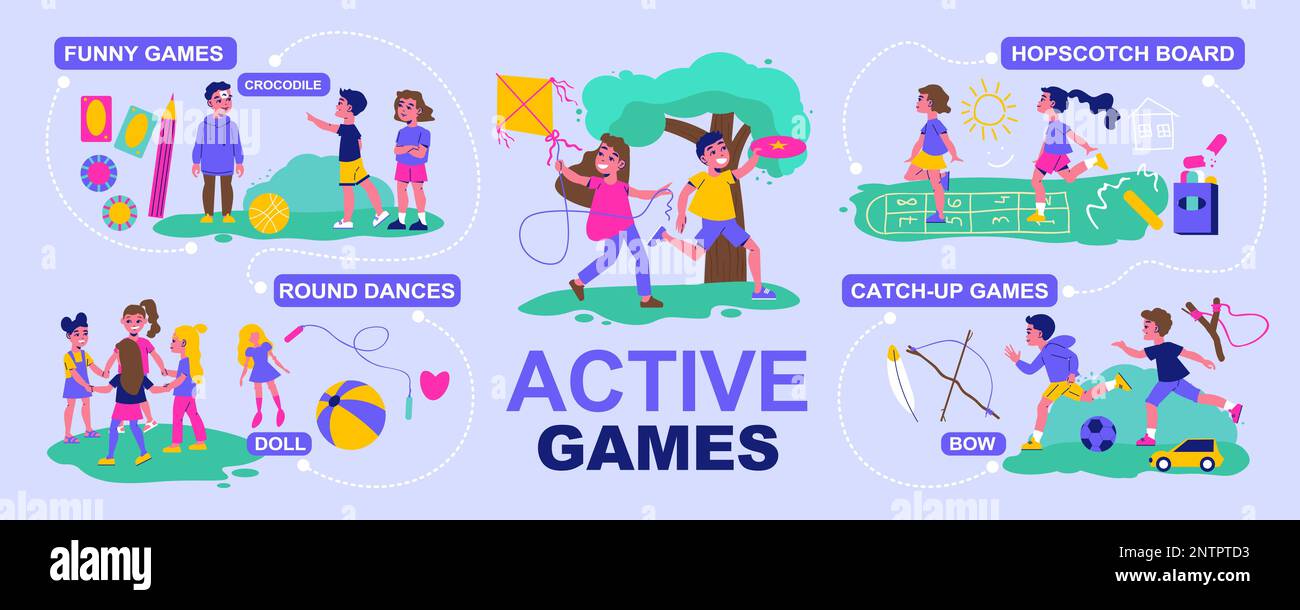 Infografica giochi attivi per bambini con giochi divertenti danze rotonde hopscotch bordo e catch up giochi descrizioni vettoriale illustrazione Illustrazione Vettoriale