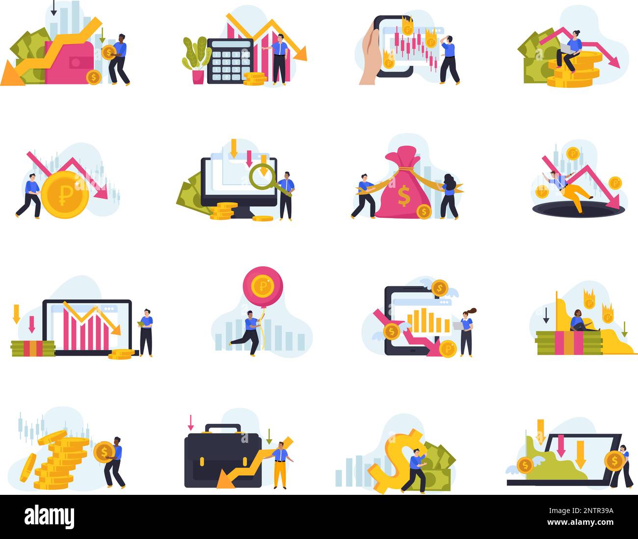 Economia crisi icone piatte insieme con grafici finanziari simboli di denaro e le persone che soffrono di crisi economica isolato vettore illustrazione Illustrazione Vettoriale