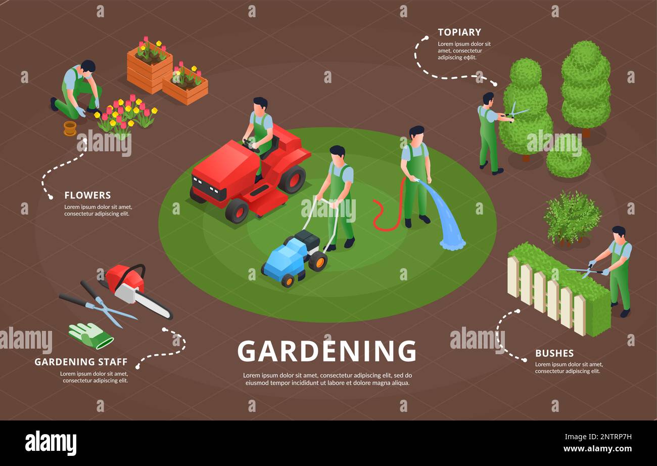 Giardinaggio sfondo infografica isometrica con persone che lavorano su alberi topiari rifilatura cespugli piantare fiori vettore illustrazione Illustrazione Vettoriale