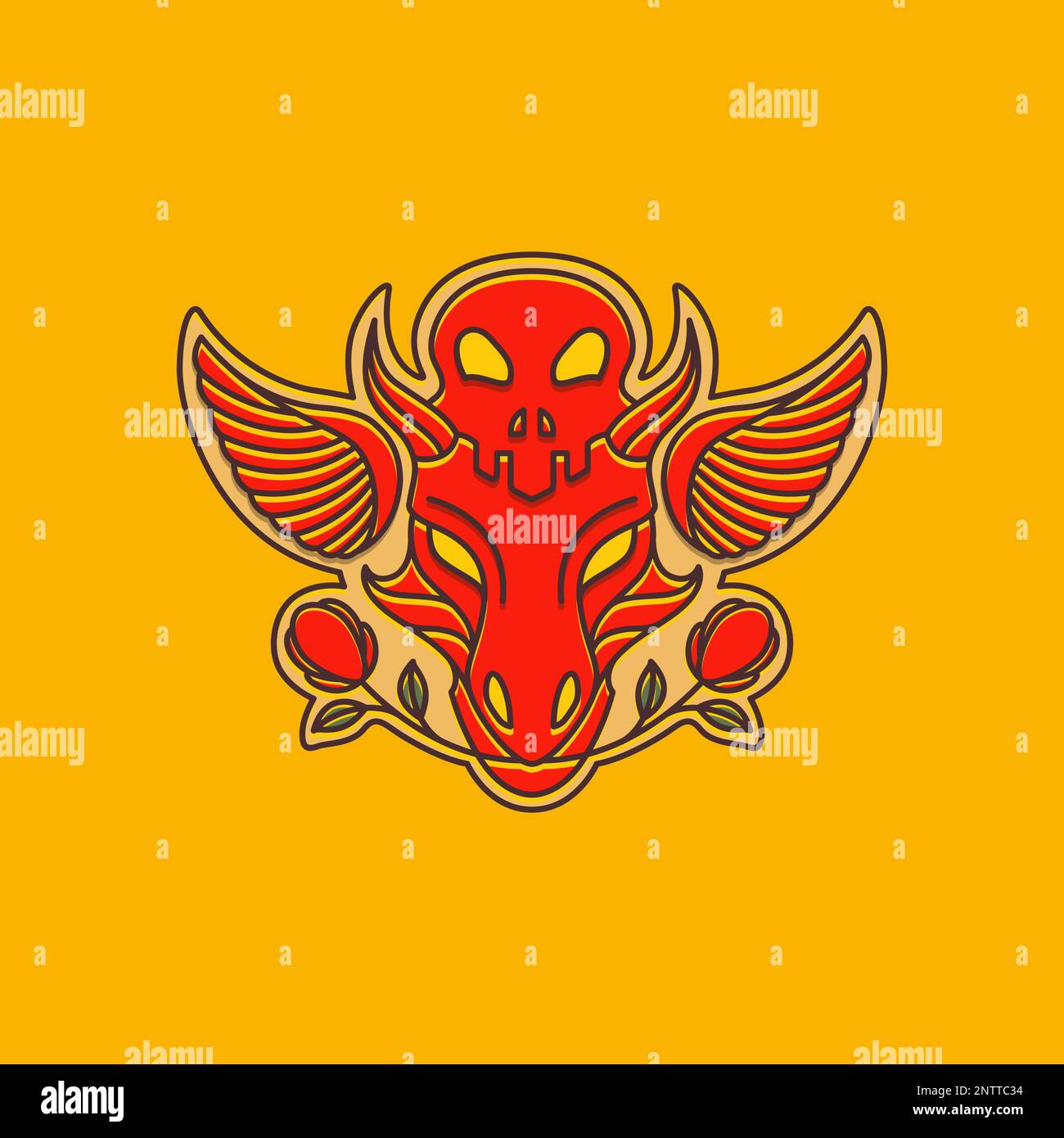 testa drago ali cranio antico fiore rosa adesivo colorato logo disegno vettore Illustrazione Vettoriale