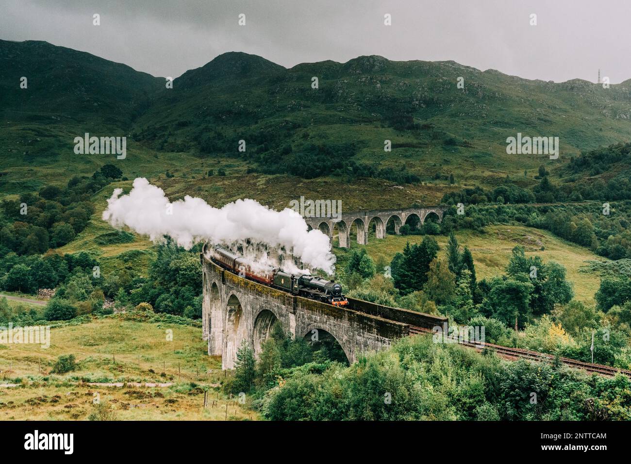 Treno a vapore Jacobite passando sopra il Viadotto Glenfinnan reso famoso dai film di Harry Potter. Situato nella valle con le montagne in Scozia Foto Stock