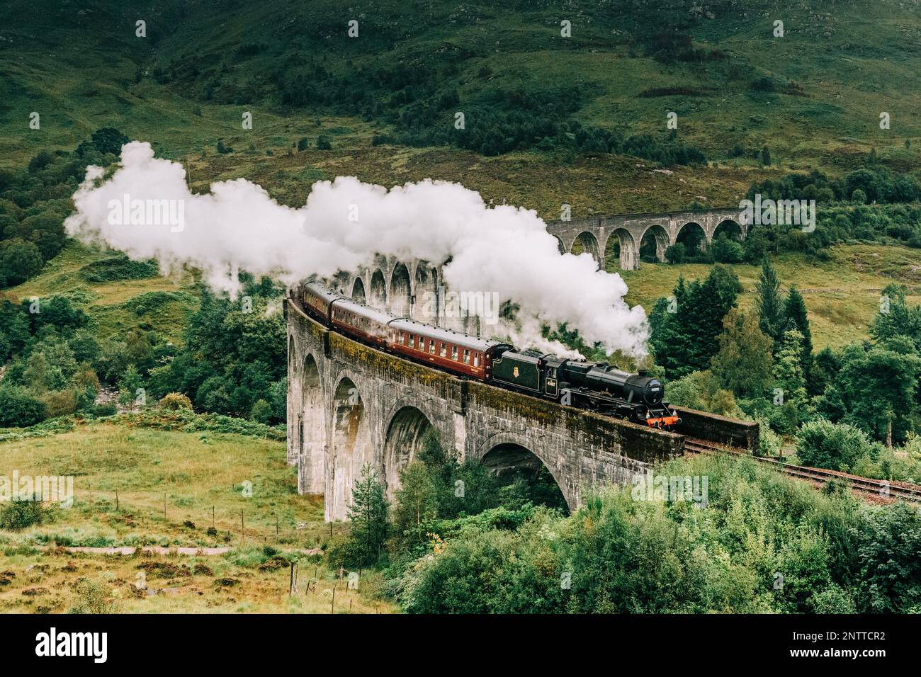 Treno a vapore Jacobite passando sopra il Viadotto Glenfinnan reso famoso dai film di Harry Potter. Situato nella valle con le montagne in Scozia Foto Stock