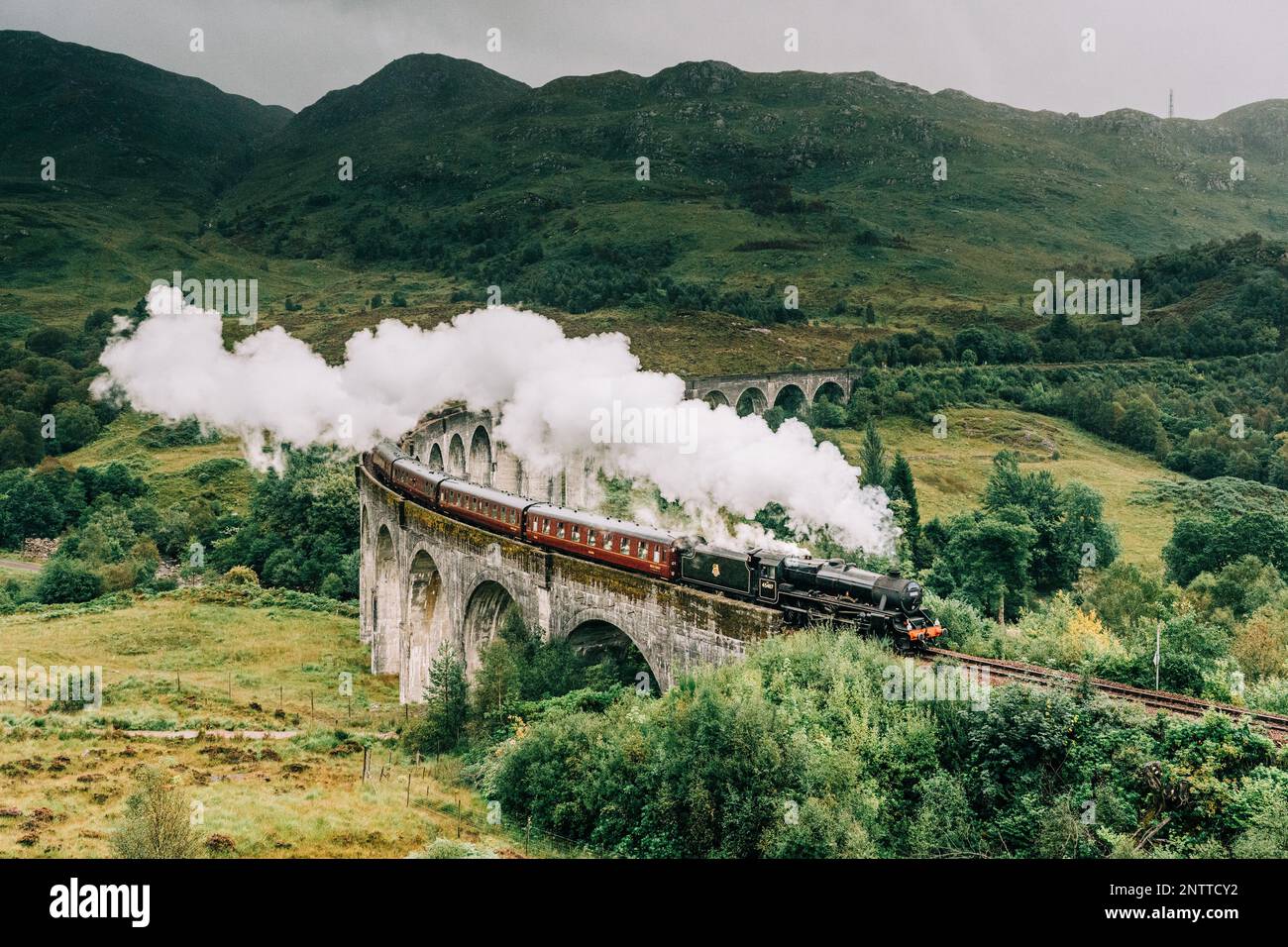 Treno a vapore Jacobite passando sopra il Viadotto Glenfinnan reso famoso dai film di Harry Potter. Situato nella valle con le montagne in Scozia Foto Stock